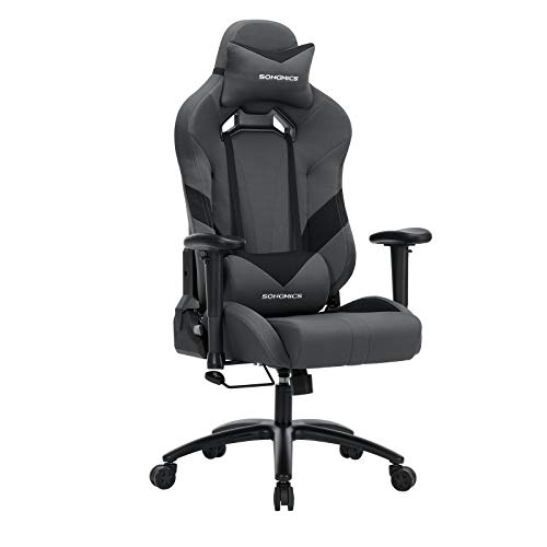 Songmics Bürostuhl Gaming Stuhl Chefsessel ergonomisch mit Verstellbare Armlehnen, Kopfkissen Lendenkissen 66 x 72 x 124-132 cm Grau-Schwarz RCG13G