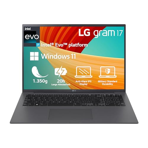 2023 LG gram 17 Zoll Ultralight Notebook - 1.350g Intel Core i7 Laptop (16GB RAM, 1TB SSD, 20h Akkulaufzeit, 16:10 Entspiegeltes IPS-Display, Thunderbolt 4, Win 11 Home, Mirametrix) - Grau