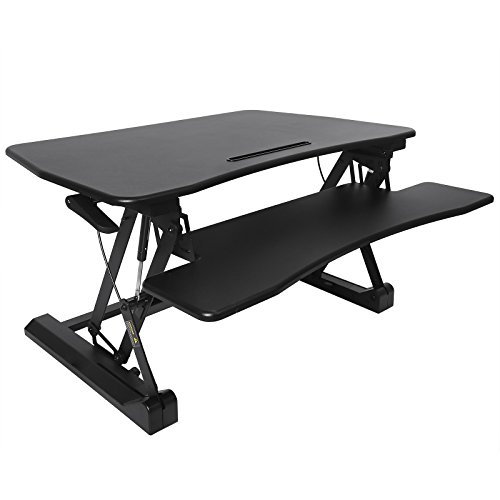 SONGMICS Sitz-Steh-Schreibtisch höhenverstellbarer Aufsatz Steharbeitsplatz Monitorständer mit Abnehmbarem Tastaturhalter, geräumige Tischplatte (90 x 59 cm) Schwarz LSD07B