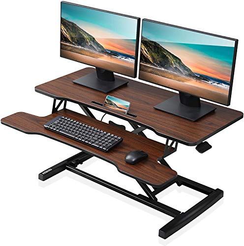 FITUEYES Höhenverstellbar Schreibtischaufsatz Büro Sitz Steh Computertisch 92 x 40 cm Stehpult mit Tastaturablage Geeignet für Zwei Monitore Braun, SD309102WE