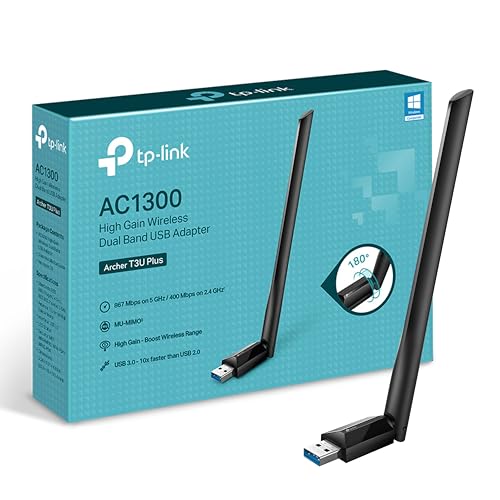 TP-Link Archer T3U Plus AC1300 High Gain USB WLAN Stick Adapter mit Antennen(bis zu 867 Mbit/s 5GHz, 400 Mbit/s 2,4GHz, Kompatibel mit Windows 11/10/8.1/8/7, Mac OS 10.15 und früher）