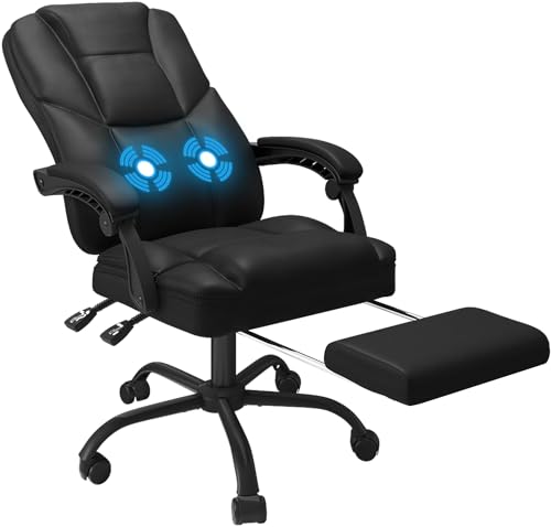 JUMMICO Leder-Bürostuhl mit Massagefunktion, Bürostuhl mit Fußstütze, Hochlehner 135° Computerstühle, Bürostühle mit 360°-Drehrollen für Zuhause, Schwarz