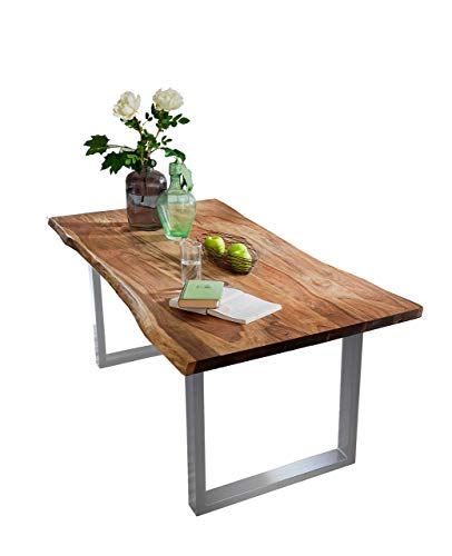 SAM Baumkantentisch 180x90 cm Quarto, nussbaumfarbig, Esszimmertisch aus Akazie, Holz-Tisch mit Silber lackierten Beinen